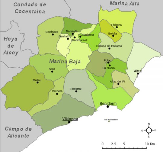Karte - Mapa - Map: Landkreis District Comarca Marina Baja / Baixa Provinz - Province - Provincia Alicante