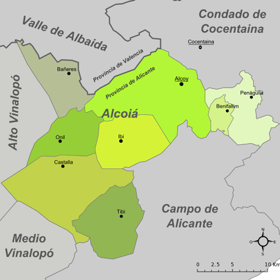 Karte - Mapa - Map: Landkreis District Comarca Comtat / Hoya de Alcoy Provinz - Province - Provincia Alicante